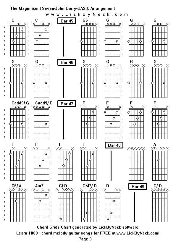 Chord Grids Chart of chord melody fingerstyle guitar song-The Magnificent Seven-John Barry-BASIC Arrangement,generated by LickByNeck software.